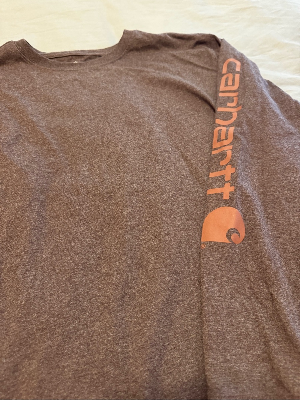 Carhartt Heather Purple Long-Sleeve Logo Tee with Orange/Brown Sleeve Print - Picture 3 of 4